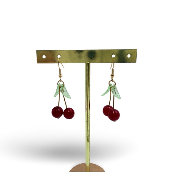 Cherry Drop Earrings with Green Leaf Detail – Gold Tone Dangle - Picture 3 of 5